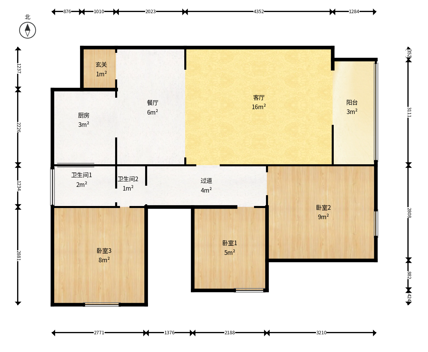 建发中央公园（建发美地）  3室2厅1卫    3500.0元/月户型图