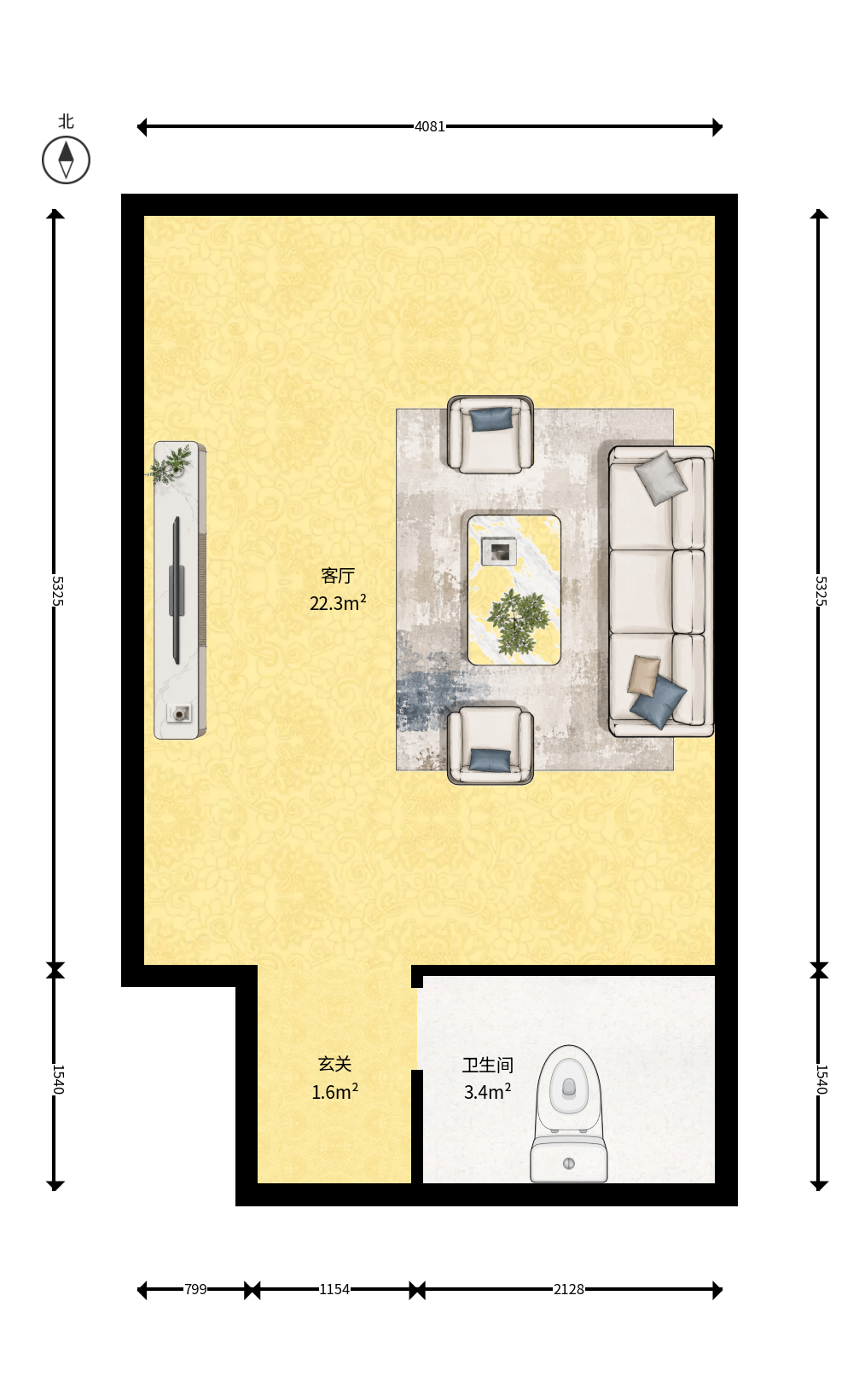 江南华府  1室1厅1卫    1300.0元/月户型图
